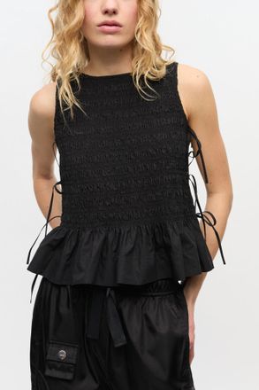 Ganni Black Cotton Smock Tie Top - Size 32 Organic