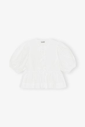 Ganni White Cotton Poplin Peplum Tie Blouse - Size 32 Organic