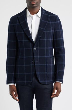 BOSS Hanry Slim Fit Navy Windowpane Check Wool Blend Twill Sport Coat in Dark Blue at Nordstrom, Size 44 Regular