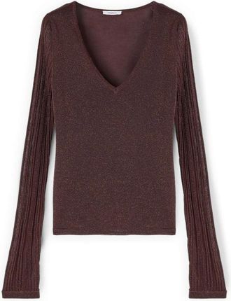 Motivi Lurex V-hals Trui van Viscose - Dames - V-hals truien - Bruin - L - Polyester - Truien & Vesten