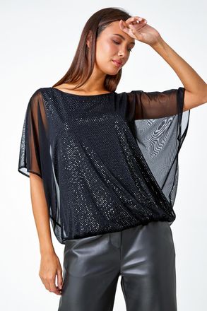 Roman Sparkle Mesh Stretch Chiffon Overlay Top