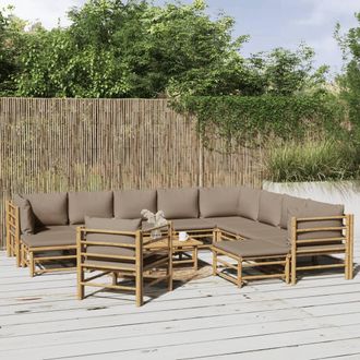 vidaXL Set De Muebles De Jard&iacute;n 12 Piezas Bamb&uacute; Y Cojines Gris Taup&eacute; Vidaxl