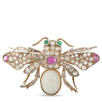 Luxury Bazaar 14K Yellow Gold and Silver 3.0ct Diamond, Opal, and Ruby Bee Brooch MF08-080426