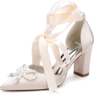 Generic Bridal Wedding Shoes Womens Chunky Heels Closed Toe Pointed Toe Heels with Bow and Crystal Pearl 8.5Cm,Champagne,10 UK