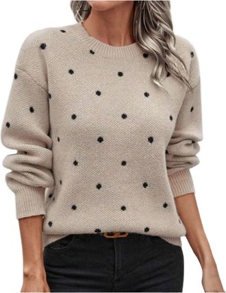 Generic Ladies Jumpers, Polka dots Printed Round Neck Pullovers Knitted Retro Jacquard Sweater Tops Autumn Winter Warm Jumpers for Women, Long Sleeve Pullover