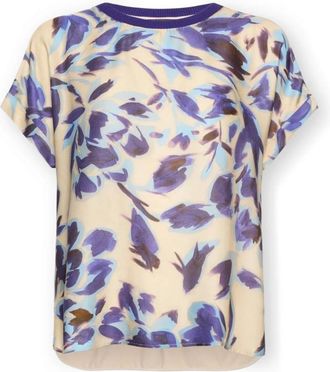 Elena Miro T-shirt van twee materialen met print - Dames - T-shirts - Paars - 3XL - Katoen - Tops