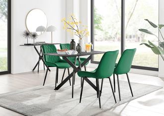 Furniturebox Leonardo Grey Glass Marble Effect Black Leg Table & 4 Pesaro Black Leg Chairs in Green