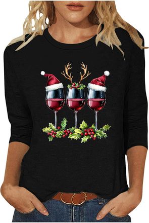 Generic 2025 Christmas Shirts for Women UK Funny Red Wine Glass Graphic Xmas Jumpers Cute Snowflake Print Ladies Tshirts Cotton 3/4 Length Sleeve Womens Tunic
