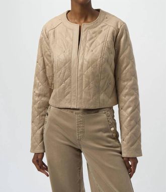 Joseph Ribkoff Long Sleeves Crew Neck Quilted Jacket In Fawn
