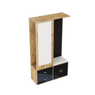 STILVORA Mueble De Entrada Con Espejo, Banco Zapatero, 2 Ganchos, Perchero Extra&iacute;ble, Brillo, Negro Y Natural, 100&times;38&times;180 Cm