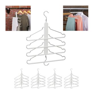 Relaxdays Set 5 Perchas Ahorra Espacio Con Varilla Colgar Pantalones, 4 Colgadores Camisas En 1, Trajes, Madera/metal, Blanco