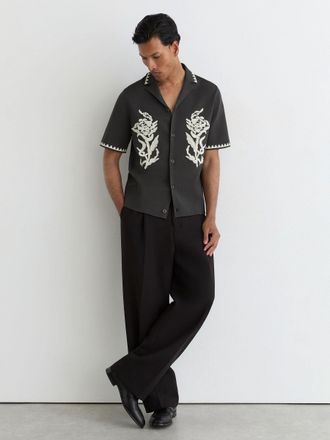 Reiss Anthracite Grey Floral-embroidered Knitted Shirt, M