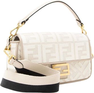 Fendi Fendi Beige Ff Embroidered Canvas Baguette Shoulder Bag (Authentic Pre-Loved)