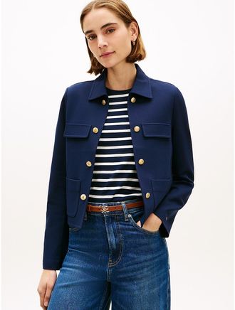 Tommy Hilfiger Womens Gold-Button Ponte Multi-Pocket Jacket - Navy - XXS