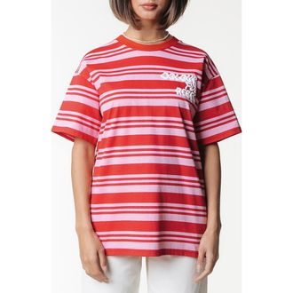 Colourful rebel Puff Logo Stripe Loosefit Tee in Fresh Pink at Nordstrom, Size X-Small Eu