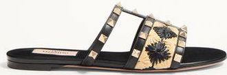 Valentino Garavani Rockstud Slide Sandal with Raffia Check Embroidery Woman NATURAL/BLACK 35.5