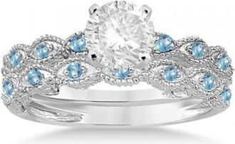 Allurez Antique Blue Topaz Bridal Set Marquise Shape 18K White Gold 0.36ct