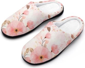 Generic Watercolor Flowers Cotton Womens Slip-on Slippers Winter Warm House Shoes with Rubber Sole for Home Office Hotel