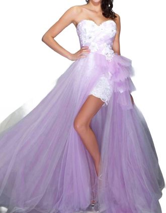 Mac Duggal Sequined Bustier With Lace Skirt Gown In Lilac