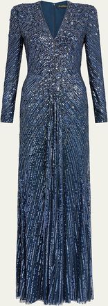 Jenny Packham Eve Embellished Strong-Shoulder Long-Sleeve Gown