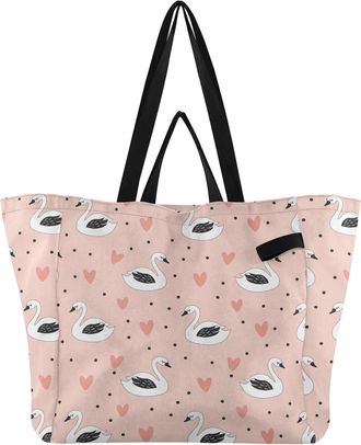 Generic Swans Pink pattern Reusable Canvas Tote Bag, Heavy Duty Grocery Shopping Bag with Hard Bottom Double Handles Large Capacity Work Groceries Travel