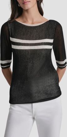 DKNY Stripe Lightweight Elbow Sleeve Sweater in Black/ivory at Nordstrom, Size X-Small