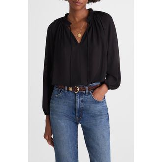 Madewell Long-Sleeve Tie-Neck Top in Jet Black at Nordstrom, Size Xx-Small