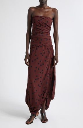 Proenza Schouler Nayara Dot Print Strapless Asymmetric Midi Dress in Espresso Multi at Nordstrom, Size 10