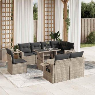 vidaXL Set Muebles Jard&iacute;n 9 Pzas Y Cojines Rat&aacute;n Sint&eacute;tico Gris Claro Vidaxl