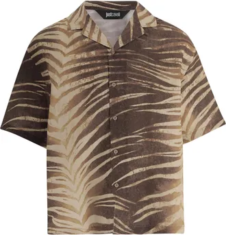 Just Cavalli Linen and Cotton Short-Sleeve Shirt with Tropical Print