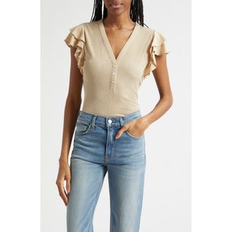 Veronica Beard Aphrodite Ruffle Sleeve Rib Top in Stone Khaki at Nordstrom, Size X-Small