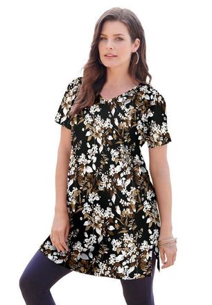 Roaman's Plus Size Ultimate Cotton V-Neck Short Sleeve Tunic in Black Neutral Garden at Nordstrom, Size 6X