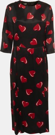 Love Moschino Black Heart Print Satin Flared Midi Dress