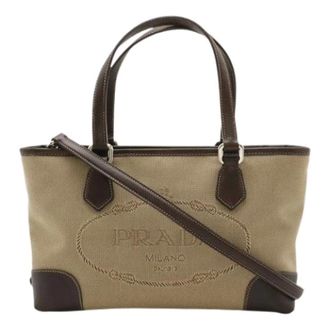 Prada Pre-owned Tote Bags, female, Beige, Size: ONE SIZE Pre-owned Logo Jacquard Canvas Leather 2way Bag