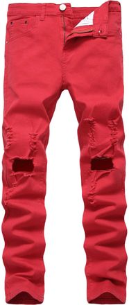 Generic JIER Mens Stretchy Ripped Trousers Skinny Biker Destroyed Slim Denim Pants Mans Destroyed Slim Fit Stretch Jeans (Red,32)