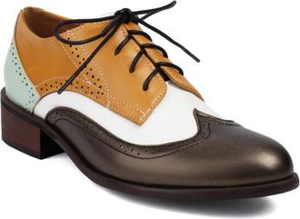 Generic Womens Lace Up Oxford Brogues Perforated Trim Block Heel Round Toe Textured Upper Dress Shoes Comfortable for Fashion Party,White Yellow,6.5 UK