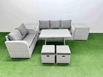 Fimous Rectangular Dining Table Sofa Set with 2 Small Stool 2 Side Tables in Light Grey