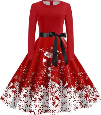 Generic Christmas Dresses for Women Xmas Print Long Sleeve Crew Neck Dress Ladies Elegant A Line Christmas Costumes for Holiday Party A- Red