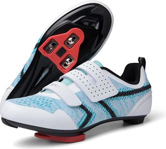 Generic Unisex Road Bike Cycling Shoes Compatible with Peloton SPD - Indoor Outdoor Road Cycling - Lightweight Spinning Shoes (White and Blue,11.5)
