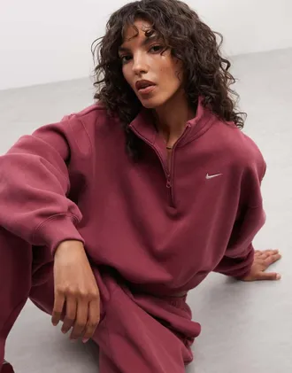 Nike felpa Studio in pile di peso medio oversize corta con zip a un quarto rosa