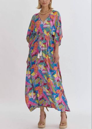 Entro Colorful Print V-Neck Maxi Dress In Multi