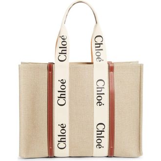 Chlo&eacute; Large Woody Linen Tote in White - Brown 1 at Nordstrom