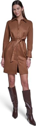 Halston Heritage Long Sleeve Suede Shirt Dress in Cognac at Nordstrom, Size 16