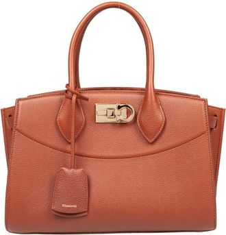 Ferragamo Studio Hammered Leather Handbag Cognac Color