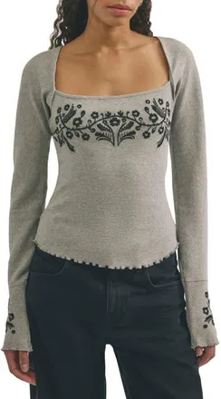 Free People Olivia Embroidered Long Sleeve Tee in Grey Combo at Nordstrom, Size X-Small
