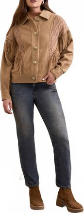 Tribal Fringe-Shoulder Button-Front Knit Jacket In Biscotti