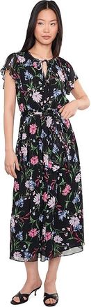 CeCe by Cynthia Steffe Ruffle Short Sleeve Keyhole Tie Waist Midi Dress Womens Dress Rich Black : MD, Jersey