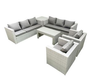 Fimous Outdoor Garden Furniture Rattan Sofa Set with 2 Armchairs Oblong Coffee Table Side Table Light Grey Mixed