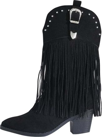 Generic Tassel Cowboy Boots For Women Autumn Winter Flat Suede Mid Calf Boots Chunky Heel Fringe Boot Mid Length Boot Wide Calf Fashion Cowgirl Booties Casual