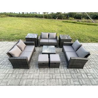Fimous Outdoor Lounge Sofa Set Wicker pe Rattan Garden Furniture Set with Square Coffee Table Double Seat Sofa 2 Small Footstools 2 Side Tables Dark Grey